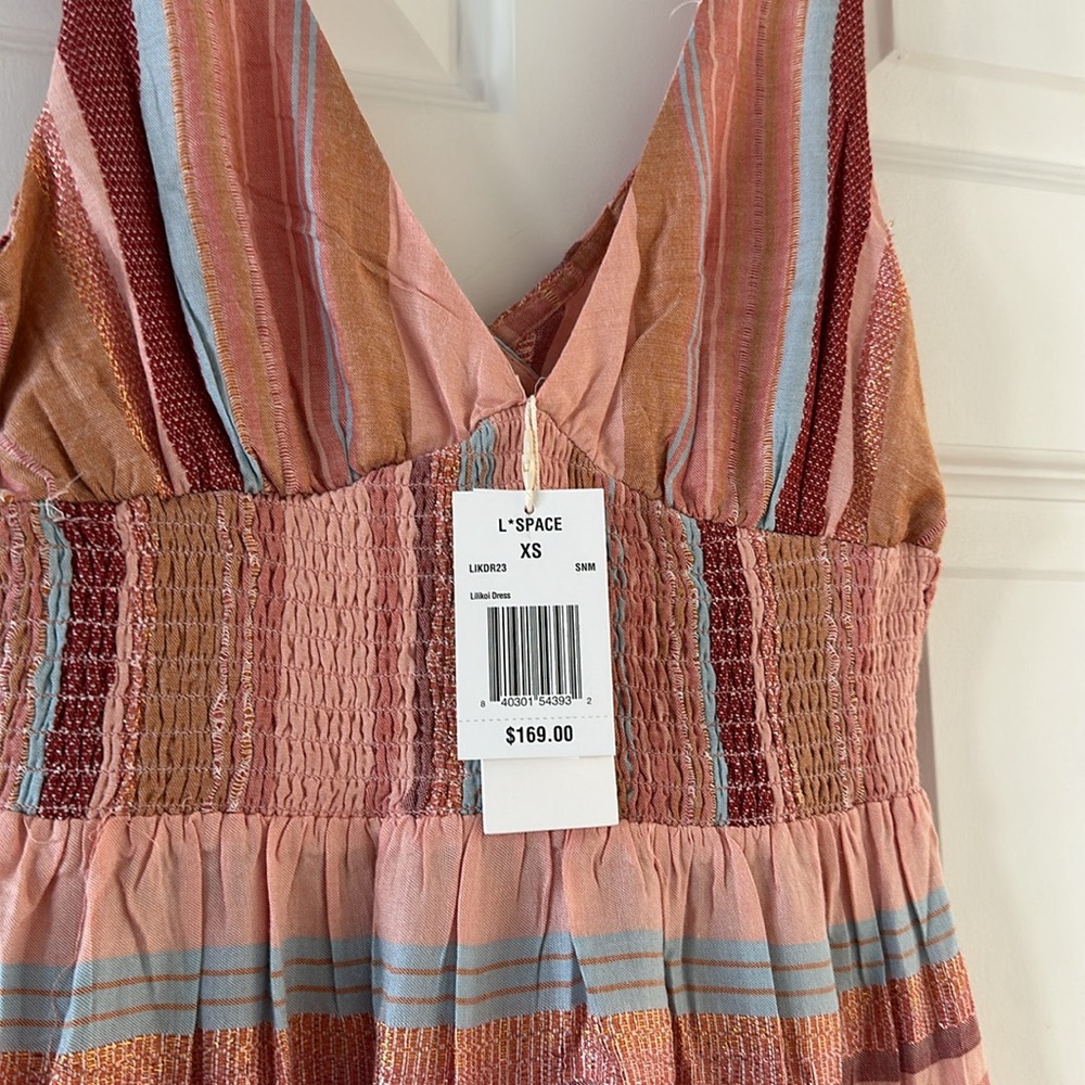 L SPACE STUNNING Cotton/Viscose Blend Maxi Dress w Smocking at Rib Cage XS BNWT - Picture 3 of 10